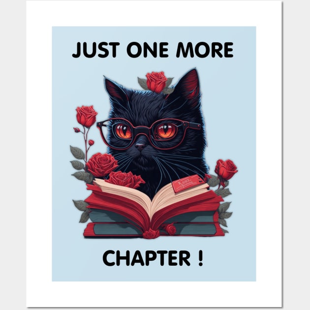 Funny Black Cat wearing glasses reading book with roses t-shirt design, apparel, mugs, cases, wall art, stickers, travel mug Wall Art by LyndaMacDesigns